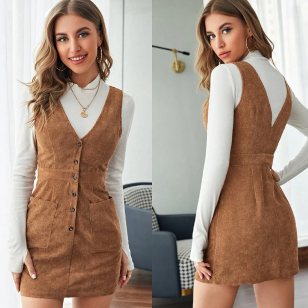 Camel corduroy overall dress